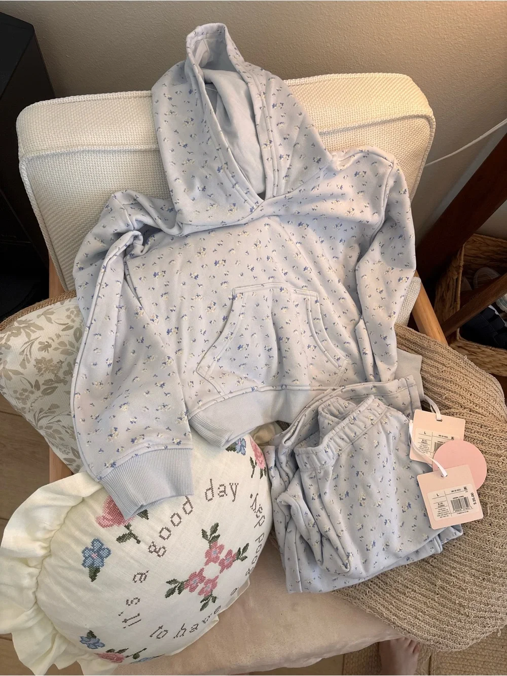 LoveShackFancy Light Blue Floral Kids Hoodie Pajama Set